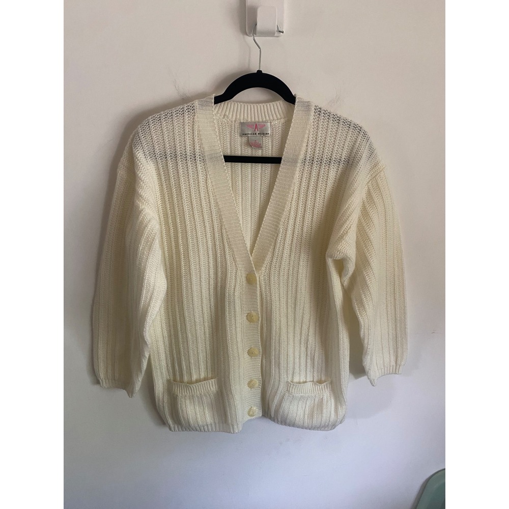 American Weekend Vintage Cream Ribbed‎ Knit Button Front V-Neck Cardigan Sweater